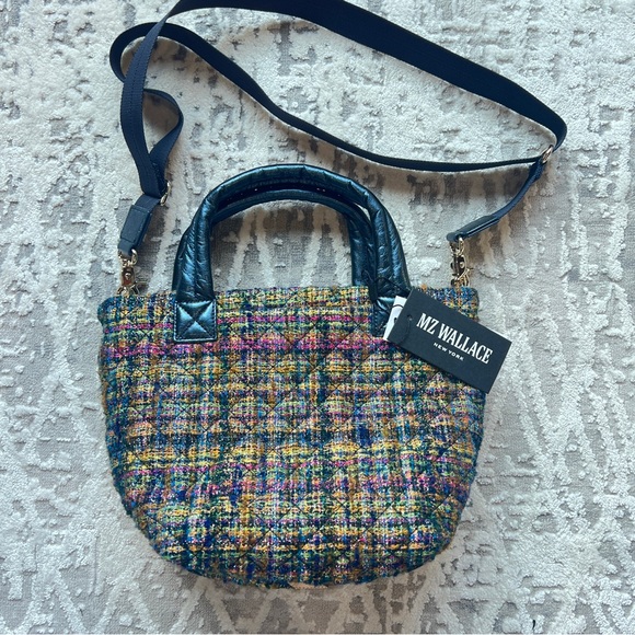 MZ WALLACE MINI METRO TOTE DELUXE Gold Multi Tweed with Metallic Blue Trim NWT - Picture 4 of 9